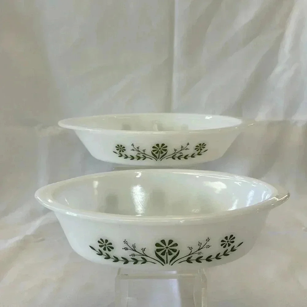 2 - Glasbake 1970s Casserole Dishes Green Daisy Milk Glass MCM Kitchen